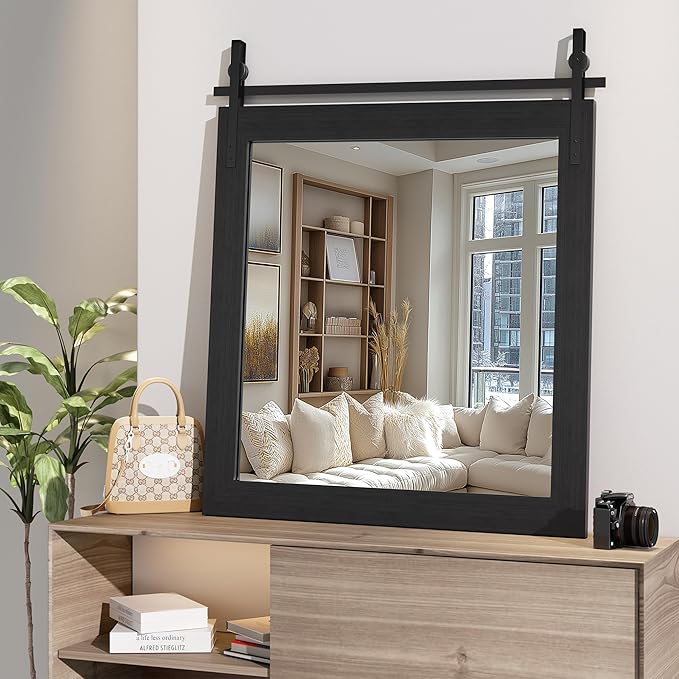 Hasipu Farmhouse Bathroom Mirror, 31"x31" Rustic Wood Framed Wall Mounted Mirror, Black Vintage Vanity Mirror Barn Door Style Decrative Mirrors