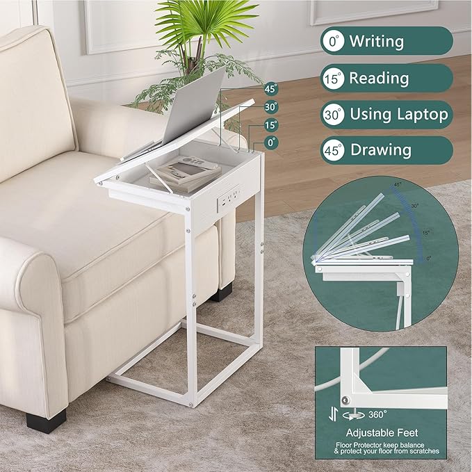 C Shaped End Table with Charging Station, 45° Tiltable Adjustable Flip Top Side Table with Storage,Small C Table for Small Spaces,Slide Under Couch Sofa Bedside Table for Living Room,White