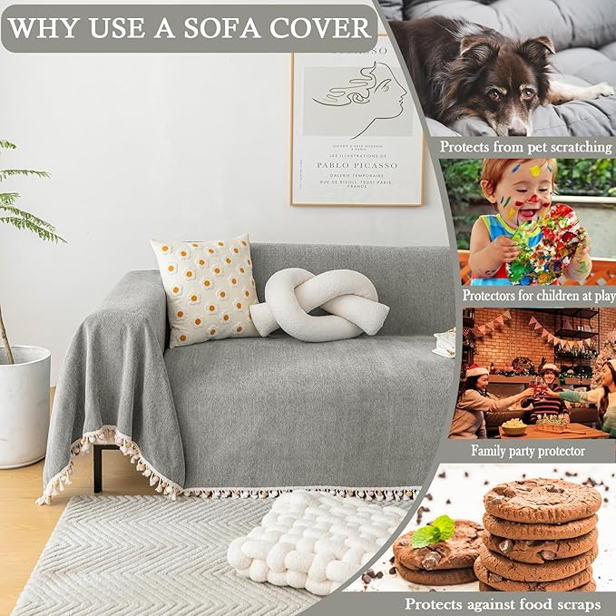 HANDONTIME Couch Slipcovers for Sofas - Dark Grey Boho Pet Couch Protector with Tassel - Chenille Herringbone 3 Seat Cover, 91" X150