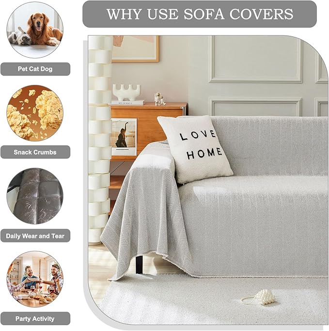 STACYPIK Silver Gray Sofa Cover for Dogs, Herringbone Couch Cover for Sectional, Pets Protector for 3 Cushion Couch, Washable Anti-Slip Loveseat Cushion Cover with Tassel, Multi-Use Blankets-71X134IN