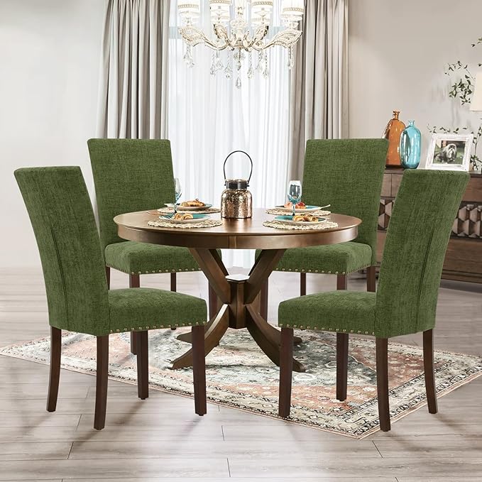 Parsons Dining Chairs Set of 6, Upholstered Nailhead Dining Room Kitchen Side Chair with Thick Cushions and Wood Legs, Green