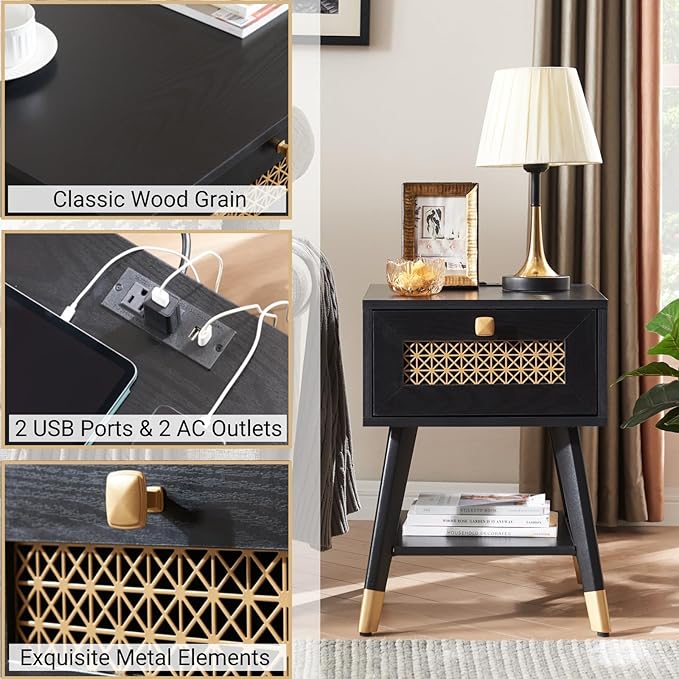 Modern Style Side Table, Small End Table with Drawer and Shelf for Living Room, Square Wooden Nightstand, Black