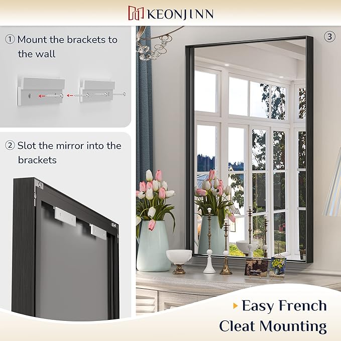 Keonjinn Black Bathroom Mirror 40 x 24 Inch, Metal Frame Black Mirror for Over Sink, Brushed Black, Modern Farmhouse, Square Corner Rectangular Mirrors for Wall(Horizontal/Vertical)