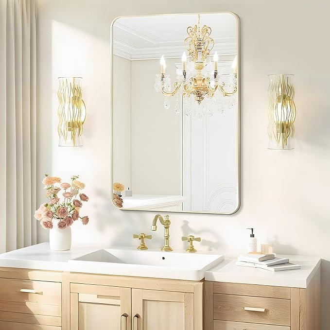 24x36 Rounded Rectangle Bathroom Mirrors for Over Sink, Glod Vanity Mirror with Metal Frame Wall Mounted, Modern Farmhouse Mirror for Restroom, Bedroom, Entryway Decor