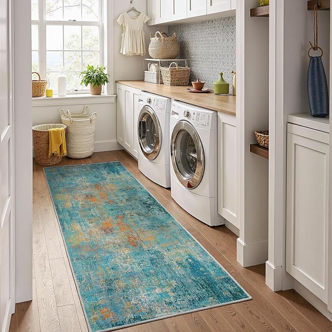 Washable Area Rugs 2'x8' Non-Slip Modern Abstract Soft for Living Room Entryway Bedroom Nursery, Print Pattern, Teal Blue Green Orange Rust Red Colorful