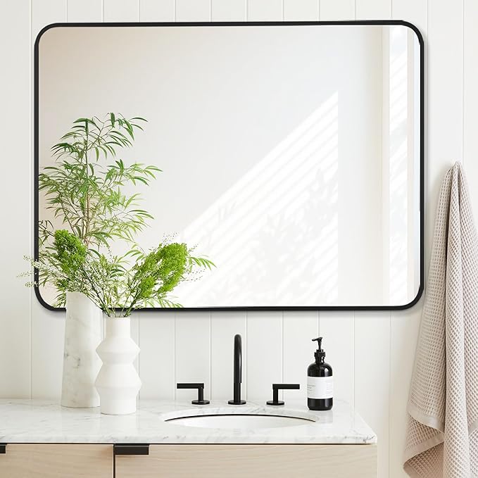 24x32 Inch Rectangle Bathroom Mirror with Black Metal Frame, Rounded Corner Rectangular Vanity Mirror for Wall, Modern Large for Bedroom, Living Room, Horizontal or Vertical