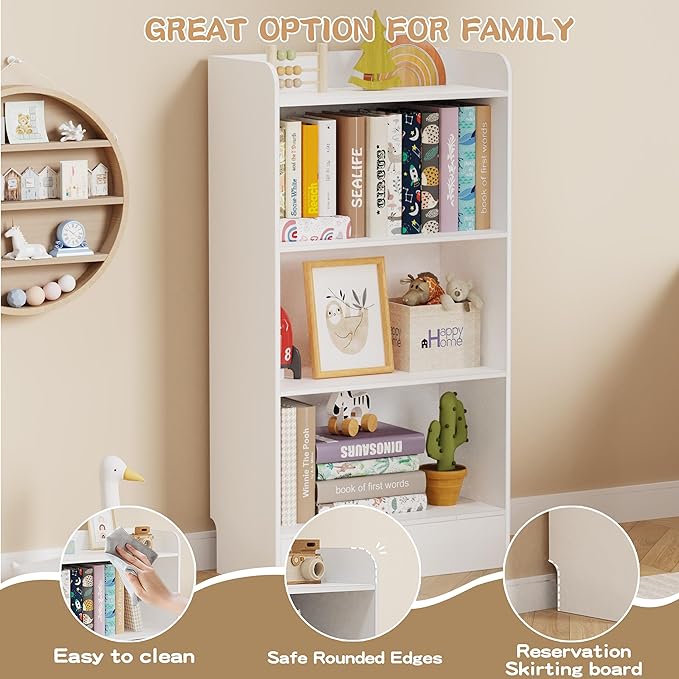 Lkeiyay Montessori Toy Shelf, 4-Tier Kids Storage Organizer,Kid Book Shlef -Ideal for Playroom, Nursery (White)