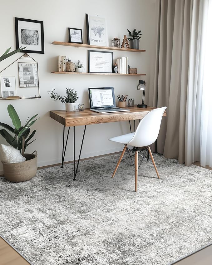 Washable Area Rugs 6'x9' Non-Slip Modern Abstract Soft for Living Room Entryway Bedroom Nursery, Print Pattern, Gray White Grey