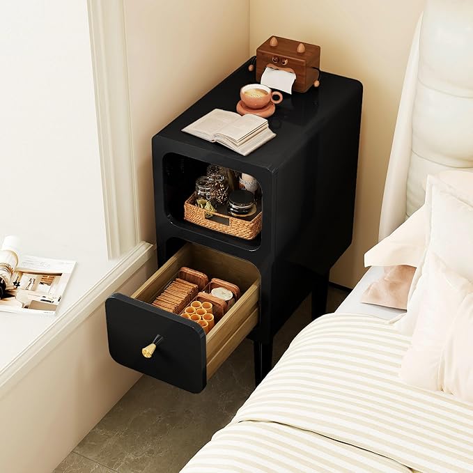 Narrow Nightstand, Solid Wood Night Stand with Drawers, Black Mid Century Modern Nightstand, Small Beside Table with Open Storage Shelf for Bedroom (10 inch)