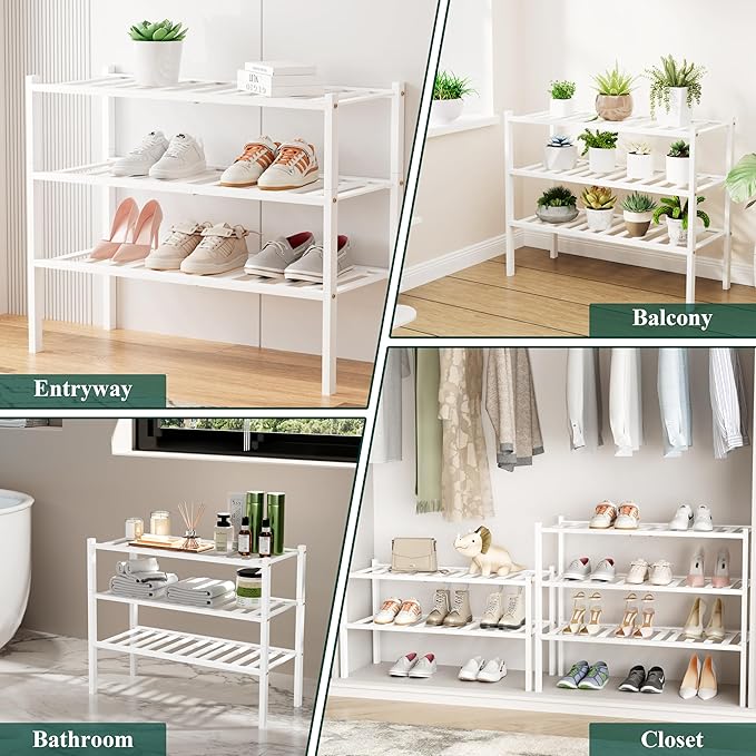 Smiry Shoe Rack, 3 Tier Small Bamboo Shoe Organizer, Stackable Free Standing Wooden Shoe Storage Shelf for Closet, Entryway, Front Door Entrance, White