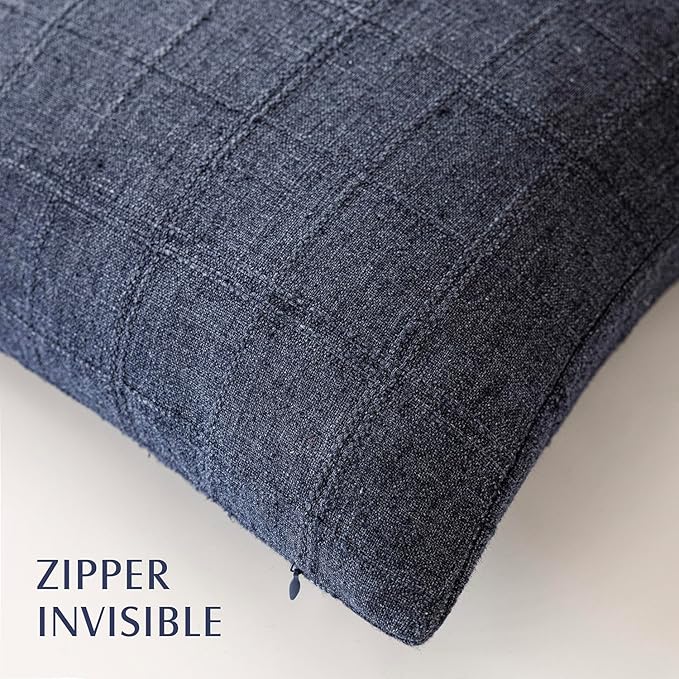 Foindtower Set of 2 Decorative Linen Check Throw Pillow Covers Neutral Farmhouse Vintage Cushion Covers Modern Boho Home Decor for Sofa Chair Couch Bedroom Living Room Outdoor,18×18 Inch,Navy Blue