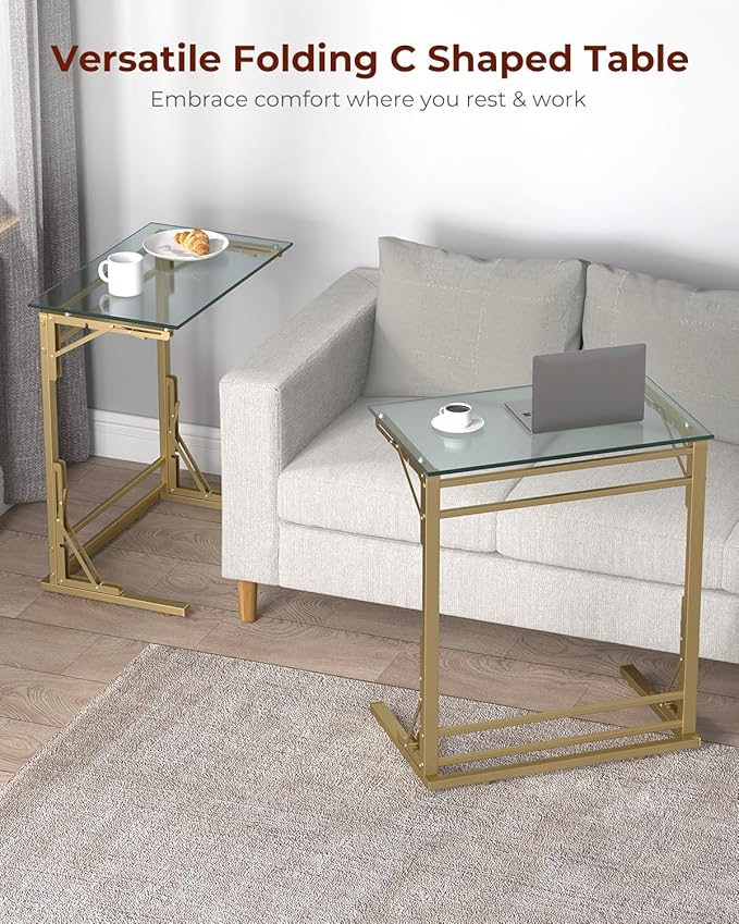 Tatub 24" Folding TV Tray Table, Glass C Shaped End Table for Couch, Small Sofa-Side Laptop Desk with Gold Metal Frame for Living Room, Bedroom, Bedside