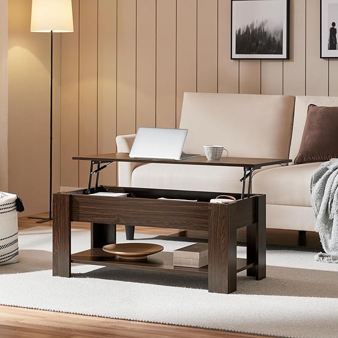 Yaheetech Lift Top Coffee Table with Hidden Compartment and Storage Shelf, Rising Tabletop Dining Table for Living Room Reception Room, 38.6in L, Espresso