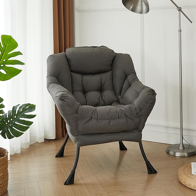 HollyHOME Large Fabric Lazy Chair for Living Room Cozy Accent Reading Chair with Armrests Comfy Lounge Sofa Chair for Bedroom, Dorm & Small Spaces | Dark Grey