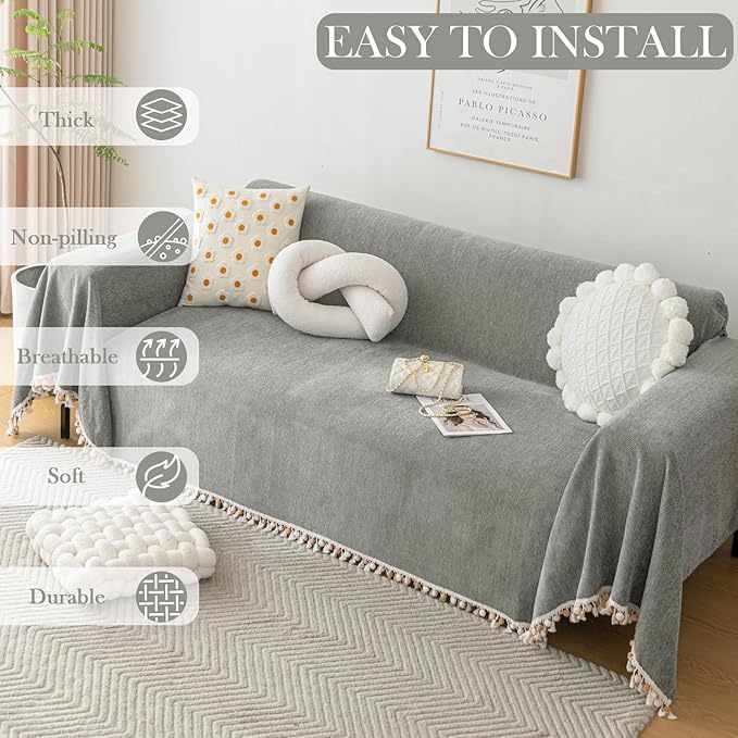 HANDONTIME Couch Slipcovers for Sofas Dark Grey Couch Cover Sofa Cover for Dogs Boho Pet Couch Protector with Tassel Chenille Herringbone Couch Cover for 2 3 Seat Washable Pet Friendly, 71" X118"