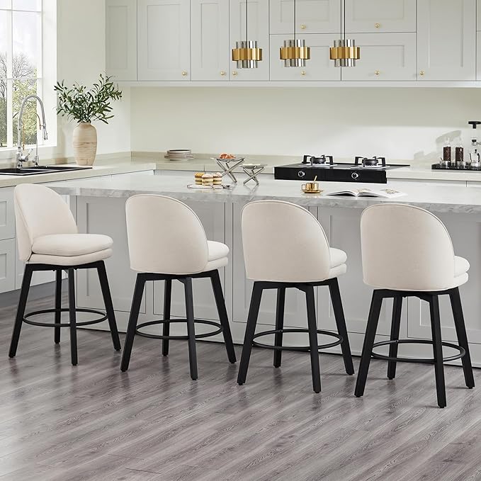 Counter Height Barstools 26 inch Upholstered Swivel Bar Stools with Back and Wood Legs for Kitchen Island,Set of 4,Beige Fabric-Armless