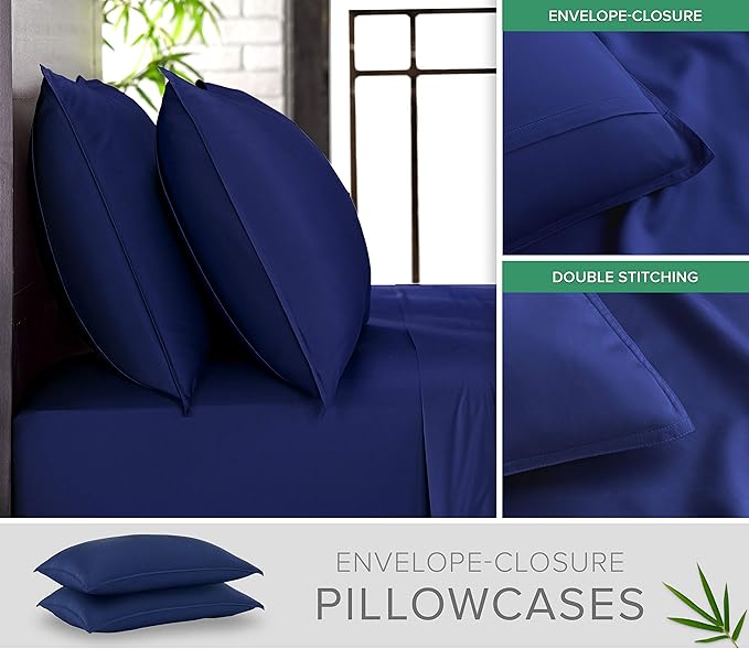 Split King Sheets by Pure Bamboo, Genuine 100% Organic Viscose Derived from Bamboo Bed Sheet Set, Soft & Cooling, Double Stitching *Not for Split Top (Split King, Cobalt Blue)