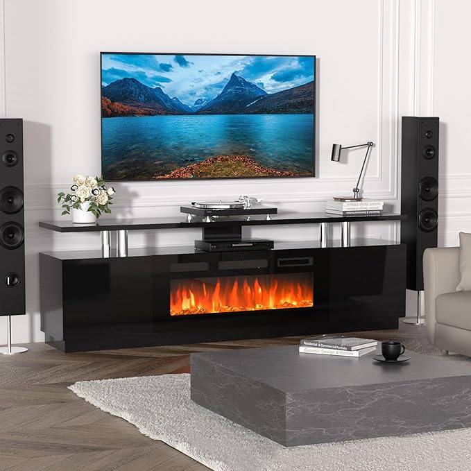 70'' Fireplace TV Stand with 36'' Firplace, Entertainment Center, 2 Tier TV Console Cabinet with Storage Cabinet, Electric Fireplace Heater with 12 Frame and LED Light Colors, Black