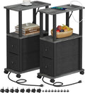 TUTOTAK Small Narrow End Tables, Side Tables with 2 Fabric Drawers, Set of 2, Bedside Tables with Charging Station for Small Spaces, Slim Nightstands with USB Ports and Wheels, TB01BY053