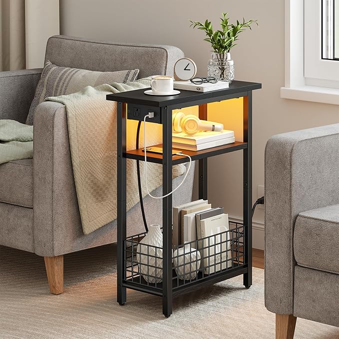 HOOBRO Narrow Side Table with Charging Station and LED Light, Small End Table with Storage, Skinny Nightstand with USB Port, Slim Bedside Table for Small Spaces, Living Room, Black BB242UDBZ01