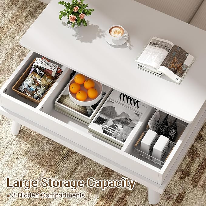 Shintenchi Coffee Table, Lift Top Coffee Table with Hidden Compartment, Rising Tabletop Dining Table, Lift Top Coffee Center Table for for Living Room, Office, Home (White)