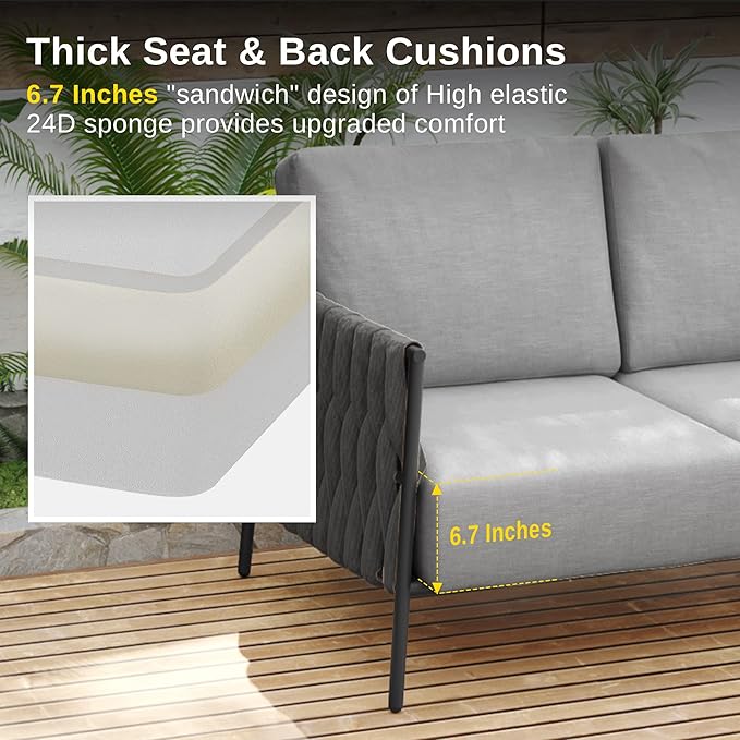 EAST OAK Life Chatter Patio Furniture Set, Outdoor Furniture Sectional Sofa Set with Round Coffee Table, 4 Seats Sofa Deep Seating with Thick & Washable Cushions, Black & Grey
