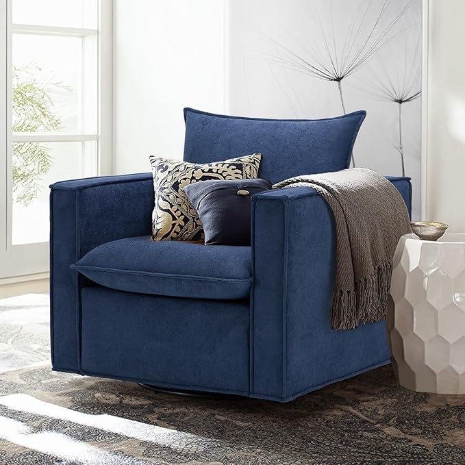 COLAMY Swivel Accent Chair, 34 Inches Wide Upholstered Arm Chair with Plump Back Pillow, Modern Sofa Living Room Chair for Bedroom, Corner, Reading Nook-Blue