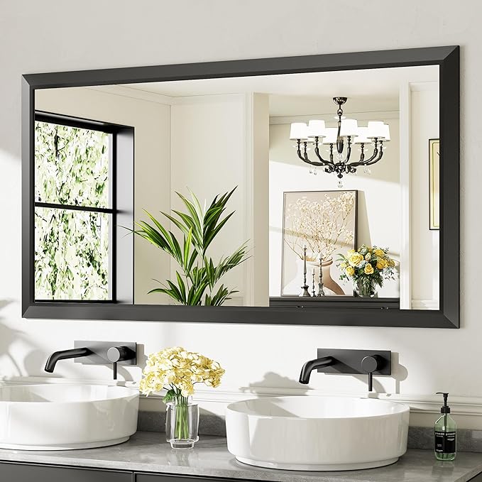 55x30 Inch Black Bathroom Mirror for Wall, Thick Metal Framed Rectangle Mirrors for Over Sink, Bedroom, Living Room, Entryway, Anti-Rust, HD Tempered Glass