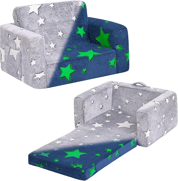 Tiita Kids Chair Couch, Folding Toddler Comfy Sofa Chairs, 2-in-1 Kids Plush Sofa Fold Out, Baby Armrest Chair Sofa to Lounger, Convertible Play Sofas to Bed for Girl or Boy, Grey Star