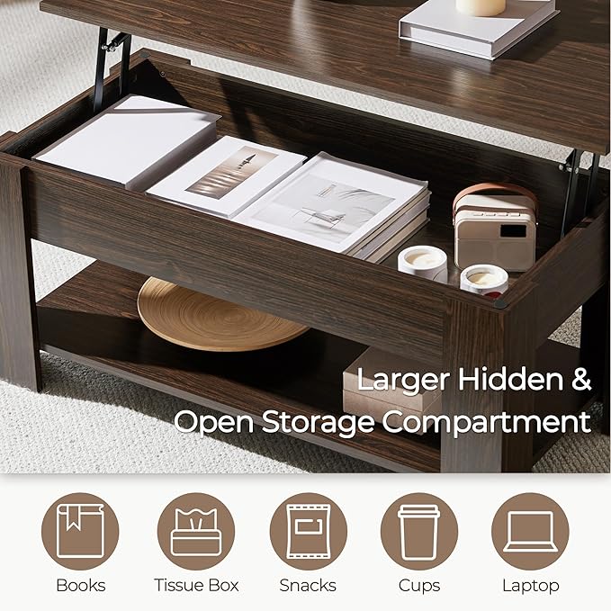 Yaheetech Lift Top Coffee Table with Hidden Compartment and Storage Shelf, Rising Tabletop Dining Table for Living Room Reception Room, 38.6in L, Espresso