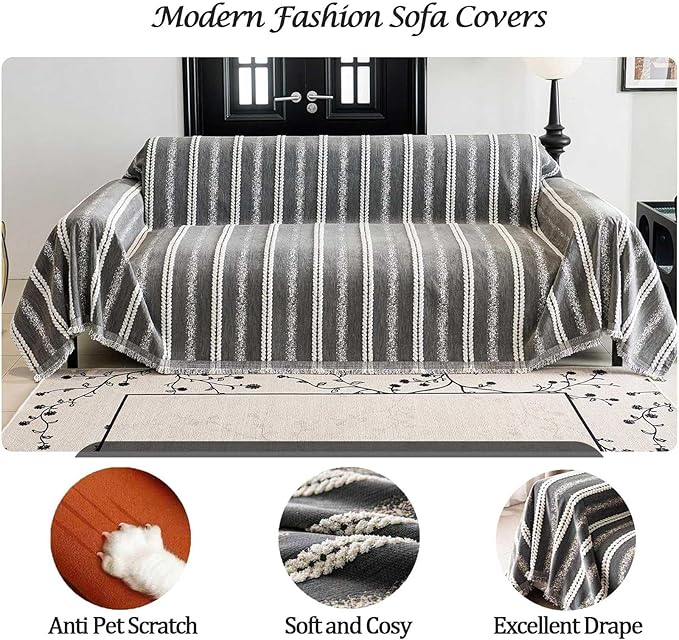Couch Cover for Dogs Washable Sofa Cover, Sectional Couch Covers, Sofa Covers for 2 Cushion Couch, Non Slip Stripe Sofa Slipcovers Furniture Protector, Couch Protector from Cat Claws, Grey,71''x134''