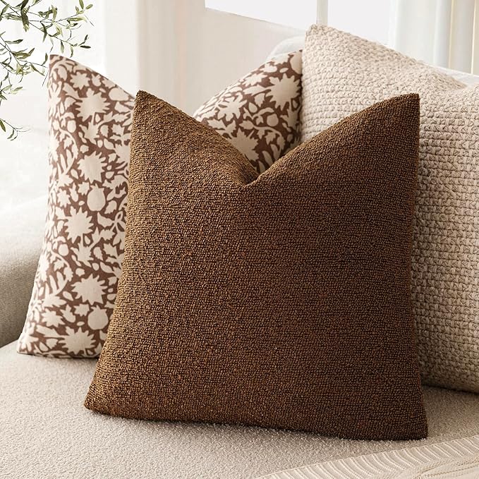 Foindtower Pack of 2 Modern Textured Boucle Throw Pillow Covers Accent Solid Decorative Pillow Cases Cozy Woven Couch Cushion Case for Chair Sofa Bedroom Living Room Home Decor 20x20 Inch Hazel Brown
