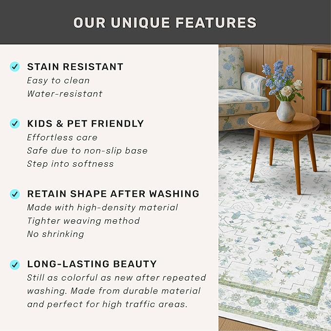 Cream Oushak 7x9 Bedroom Rug - Boho Floral Cool Blue and Green, Washable Low Pile Non-Slip Ultra-Thin Large Area Rugs for Playroom, Bed Room, Living Room
