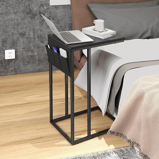 C Shaped End Table Set of 2, Side Table for Living Room, Couch Tables That Slide Under, TV Tray Snack Table for Sofa, Black