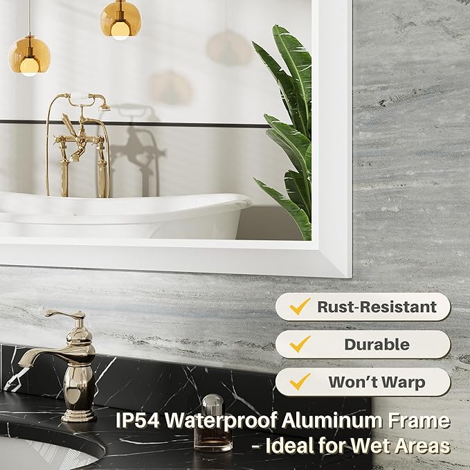 24x36 Inch White Bathroom Mirror for Wall, Thick Metal Framed Rectangle Mirrors for Over Sink, Bedroom, Living Room, Entryway, Anti-Rust, HD Tempered Glass