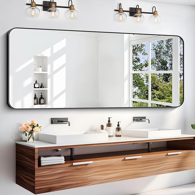 60" x 24"Bathroom Mirror, Matte Black Wall Mirror with Metal Frame, Decorative Rectangular Vanity Mirror for Bedroom Bathroom Living Room Entryway (Horizontal/Vertical)