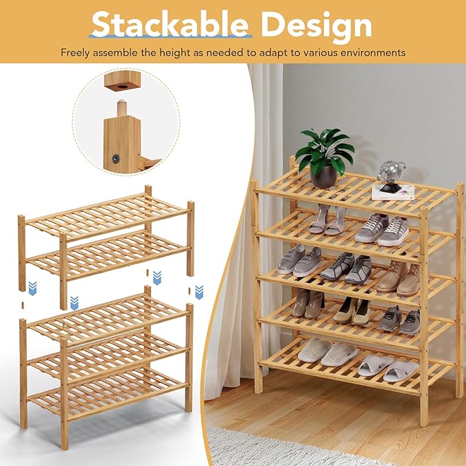 Haddockway 4 Tier Bamboo Shoe Rack Storage Organizer, Multifunctional Free Standing Stackable Shoe Shelf with Grid Panel for Closet,Hallway,Entryway,Small Space 27"x11"x26" (Natural, 4 Tier)