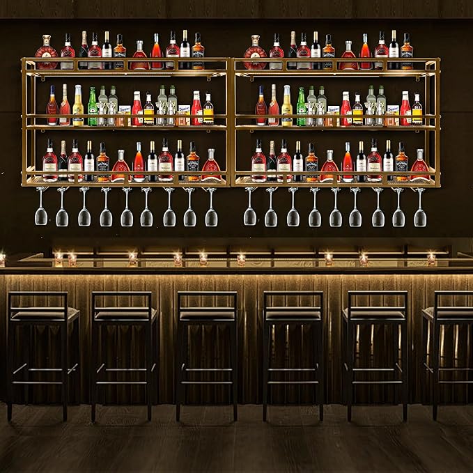 Metal Wine Rack Wall Mounted, Bar Shelves for Liquor Bottles with LED Light, 3 Tier Large Capacity Liquor Rack Wall Mounted with Glass Holder for Home Bar & Dining Room （Gold, 39in/100cm）