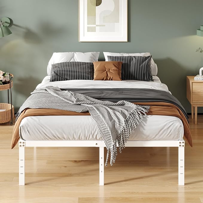 16 Inch White Queen Bed Frame No Box Spring Required, Metal Platform Queen Size Bed Frames with High Storage, Eassy Assembly 3,500 lbs Heavy Duty Bedframes