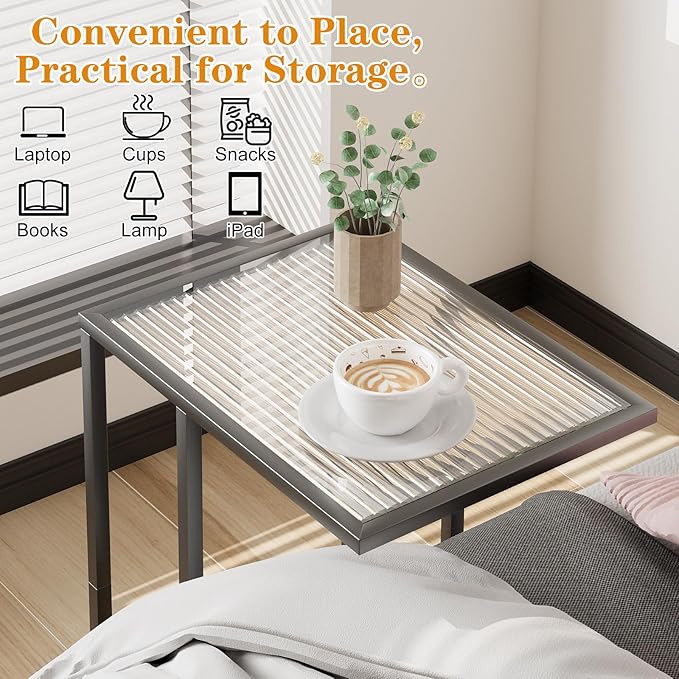 C Shaped End Table Set of 2, Couch Side Tables for Living Room, Small Glass End Table with Metal Frame, Modern Snack Table for Bedroom, Small Space, Easy Assembly, Black, 23.62 x 15.75 x 11.81