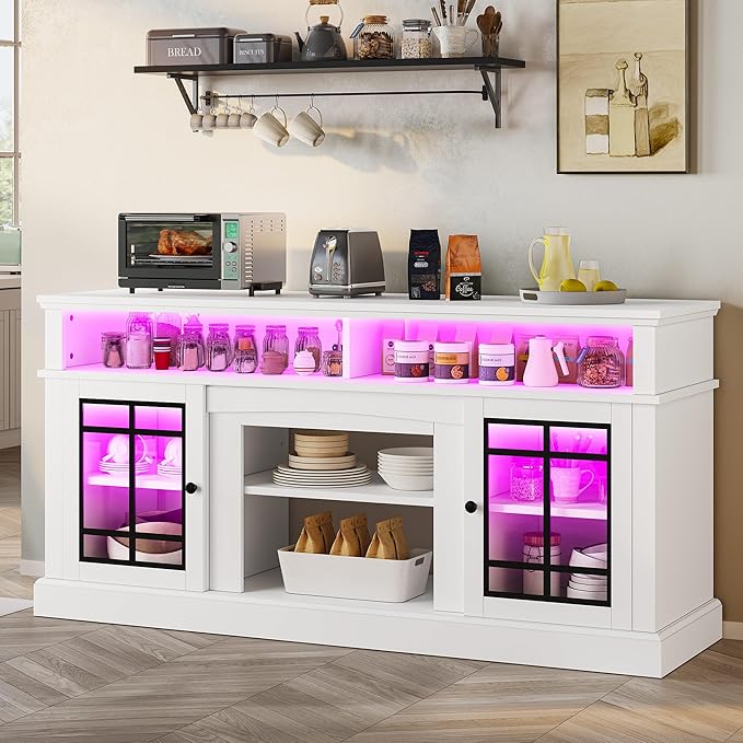 YITAHOME White TV Stand for 75 Inch TV, LED Modern Entertainment Center with Adjustable Shelves and Glass Doors, 32'' Tall Television Stands TV Media Console Table for Living Room, White