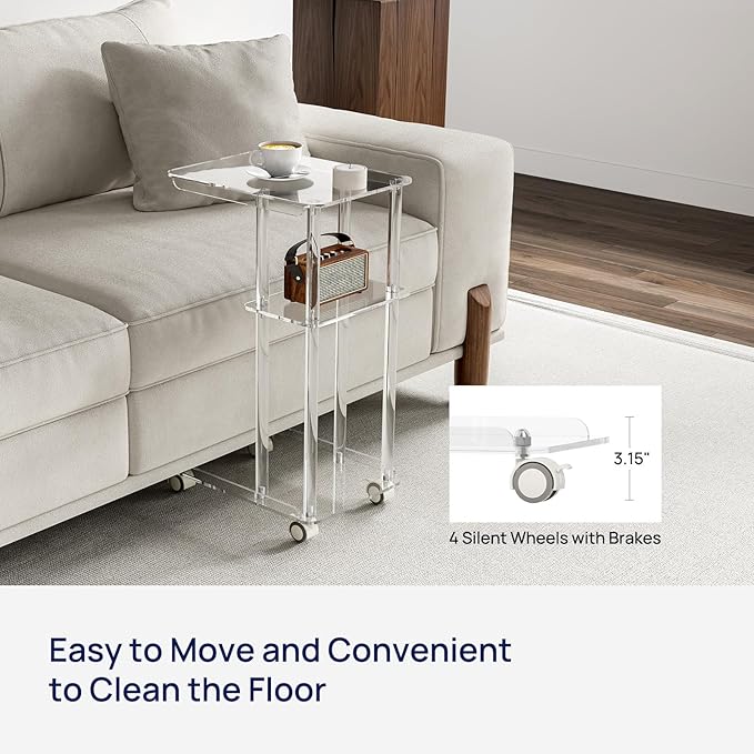 HMYHUM Acrylic C Shaped Table with Wheels, Clear Rolling Side/End Table for Couch, Living Room, Bedroom, Slide Under Sofa Table for Small Spaces, 15.6" L x 11.6" W x 27" H