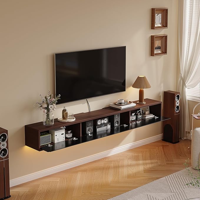 Floating TV Stand Matte Finish, 55'' Wall-Mounted TV Cabinet,Floating TV Console,Under TV Shelf with 3 Doors for Living Room Bedroom(Walnut+Black)