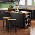 53" Large Kitchen Island with 2 Bar Stools,Power Outlet & Door Internal Storage Rack,Kitchen Storage Cart on 5 Wheels W/Drop Leaf,5 Open Side Racks & 3 Drawers,for Kitchen,Dining Room,Black