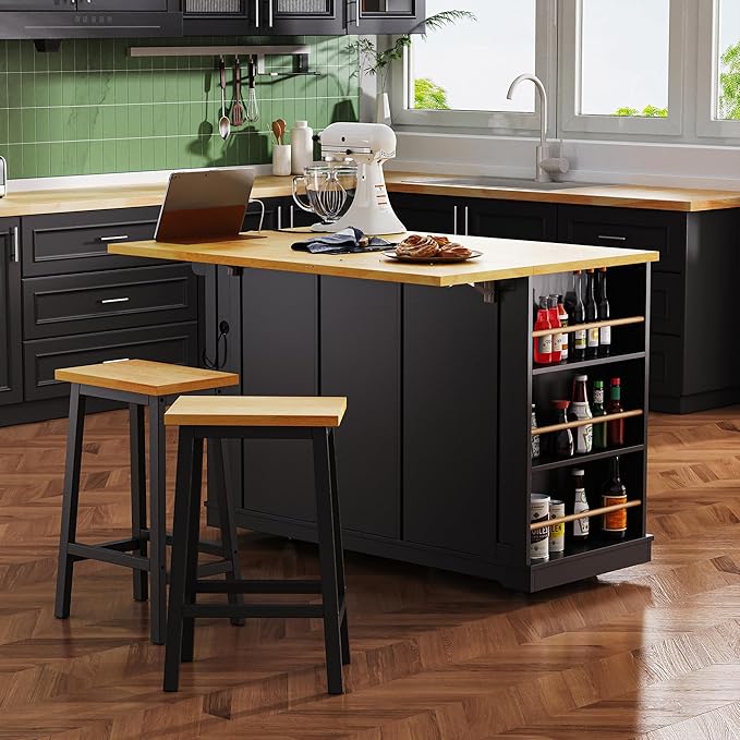 53" Large Kitchen Island with 2 Bar Stools,Power Outlet & Door Internal Storage Rack,Kitchen Storage Cart on 5 Wheels W/Drop Leaf,5 Open Side Racks & 3 Drawers,for Kitchen,Dining Room,Black