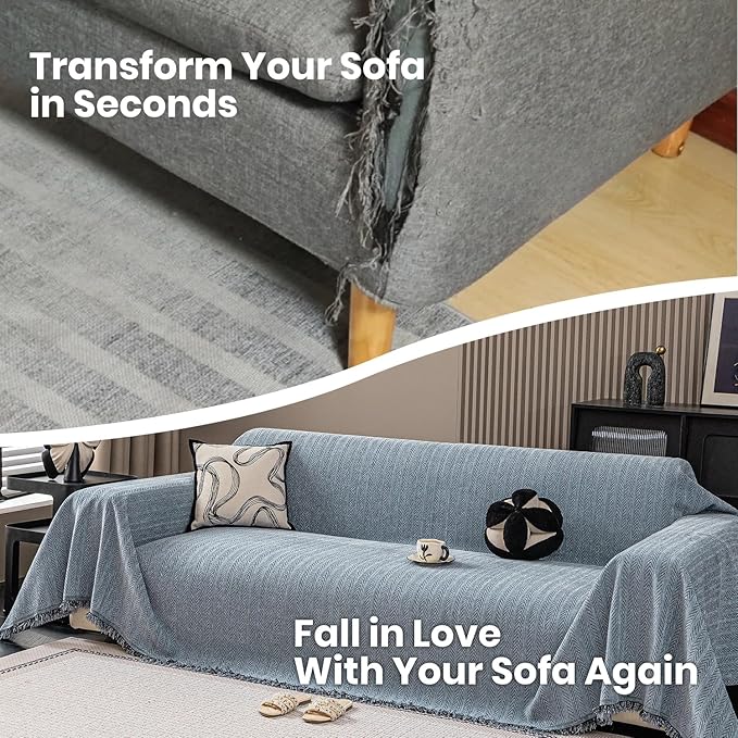 Nobildonna Sofa Cover Washable Soft Thicken Chenille Couch Cover with Tassel,Waterproof Sofa Slipcover for 2-3 Cushion Couch,Sectional Sofa,L-Shaped Furniture Protector Pet-Friendly,Dusty Blue71 x118