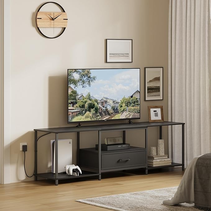 TV Stand with LED Lights, Entertainment Center with Open Shelves and Fabric Drawer, Media Console for 75 Inch TV, Television Stands for Living Room, Bedroom, Black