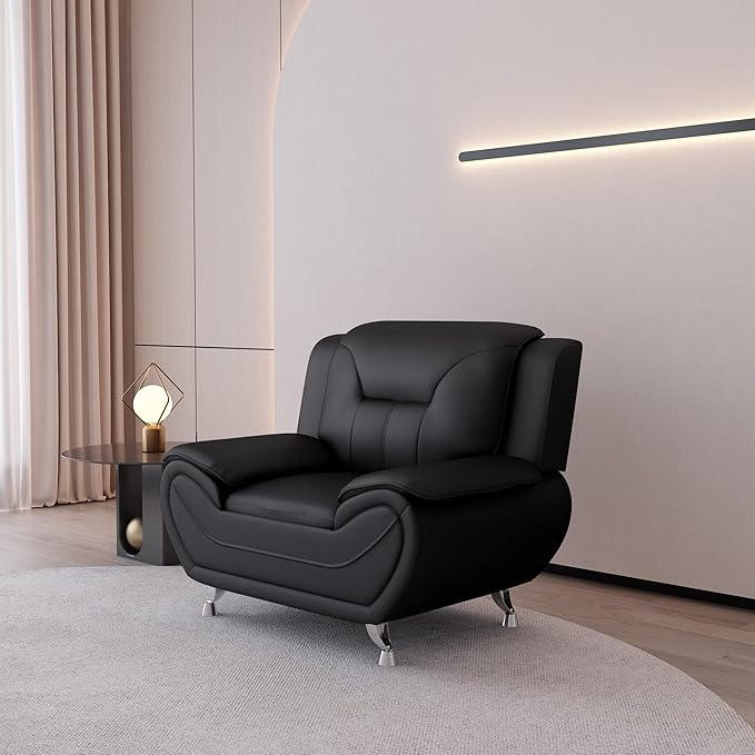 Container Furniture Direct Michael Modern Faux Leather Upholstered Stainless Steel Legs Living Room, Chair, Midnight Black