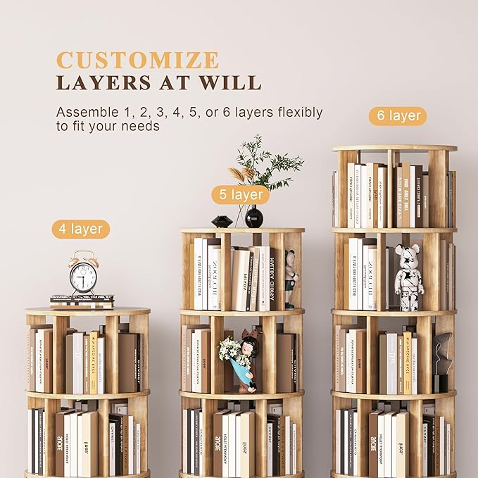 6 Tier Bookshelf Tower, 360° Solid Wood Spinning Bookcase with Swivel Wheels, Floor Standing Book Shelf for Small Space, Bookshelf for Home Office Study Room Bedroom Living Room