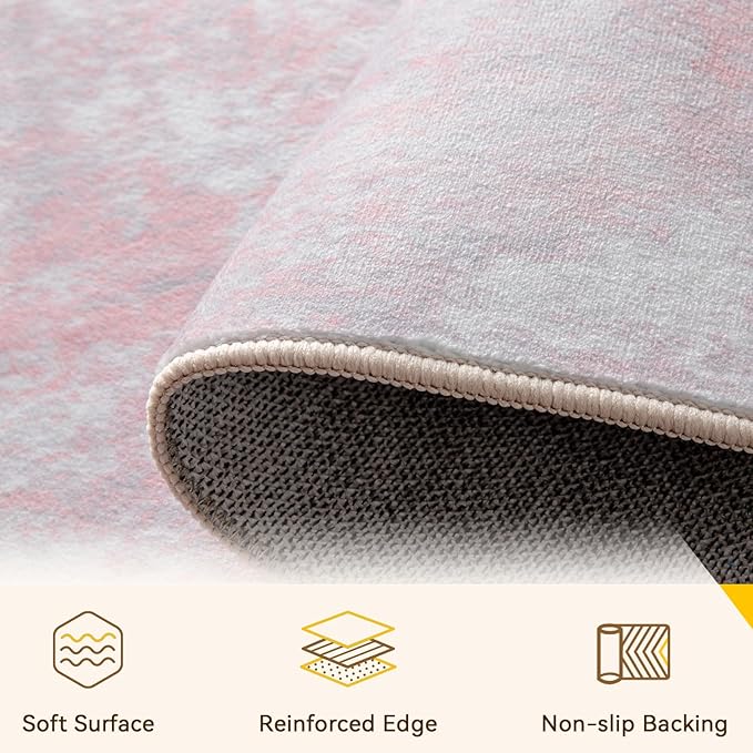 Washable Area Rugs 4'x6' Non-Slip Modern Abstract Soft for Living Room Entryway Bedroom Nursery, Print Pattern, Grey Pink
